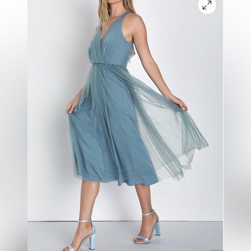 Lulu's NEW/Tag XL Ambiance Slate Blue Mesh Tulle Prom Wedding Party Midi dress - Picture 2 of 16
